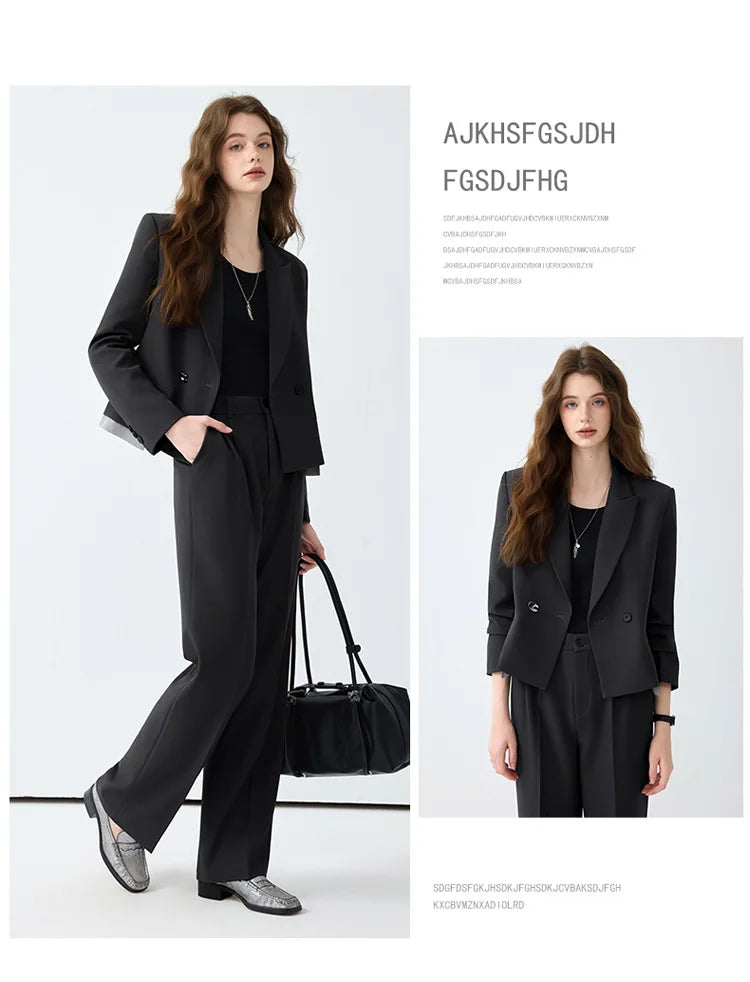Solid Suits for Women 2025 Spring Fashion Office Ladies Long Sleeve Double Breasted Short Tops Chic Cargo Pant Suits