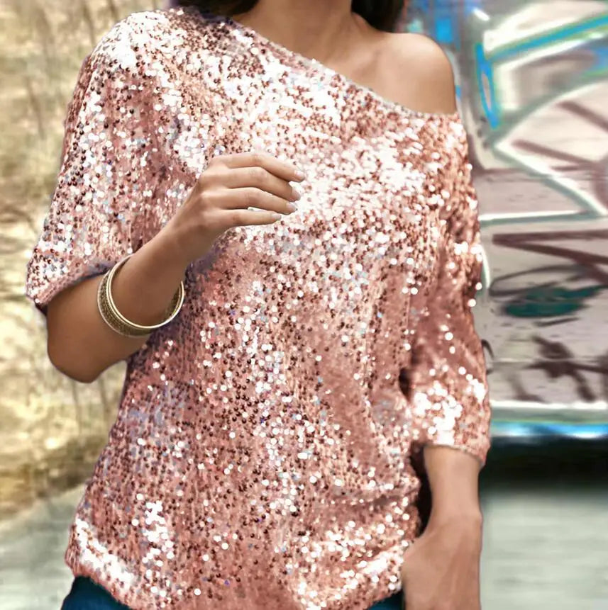 New Fashion Sexy Mid Sleeve Slanted Shoulder Sequin Solid Color Slim Fit T-shirt For Women,2 Colors