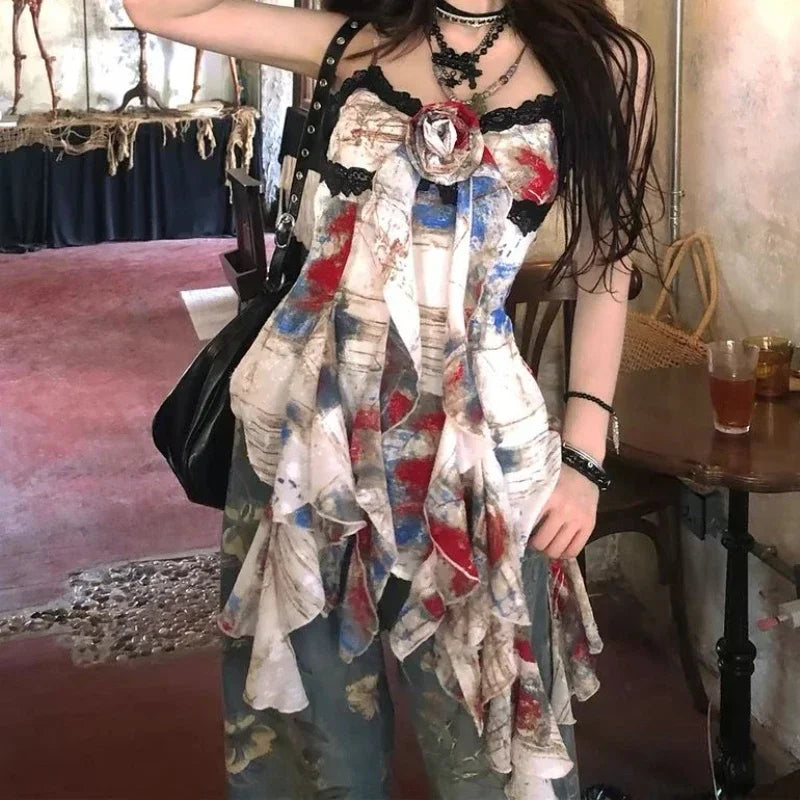 Sweet Print Slim Camisole Summer High Street Coquette Asymmetrical Tees New American Style Sexy Gyaru Halter Top Women Design