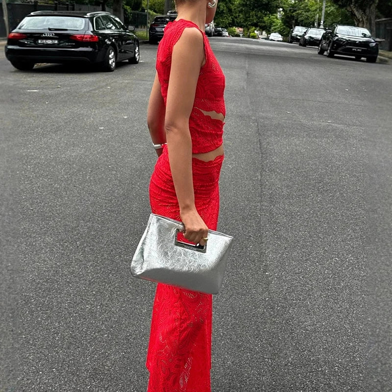 Red Sexy Hook Flower Hollow Lace Set Two Piece Crew Neck Crop Top and Fishtail Skirt Woman Outfit Spring Summer Slim Ladies Suit