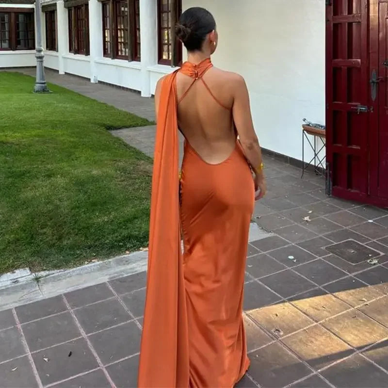 Elegant Satin Ribbon Halter Backless Sleeveless Dress for Women Slim Fit Party Evening Robes Lady Solid Color Autumn Summer 2025