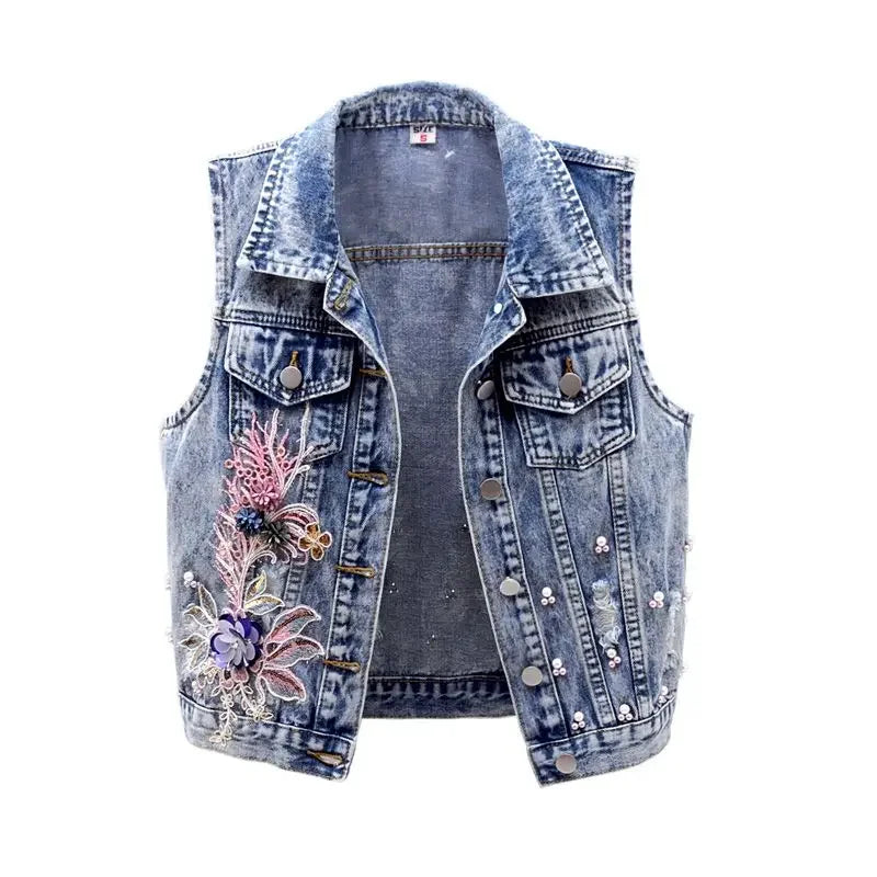 Women Denim Vest Jacket New Autumn Embroidery Beads Sleeveless Vintage Hole Jeans Vest Jacket Overcoat Female Tops Waistcoat