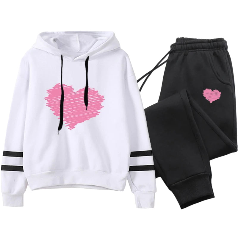 Cute Heart Printed Hoodies Sweatpants Woman Daily Casual Sports Jogging Suit Home Outdoor Comfort Warm Outfit Women's Clothes