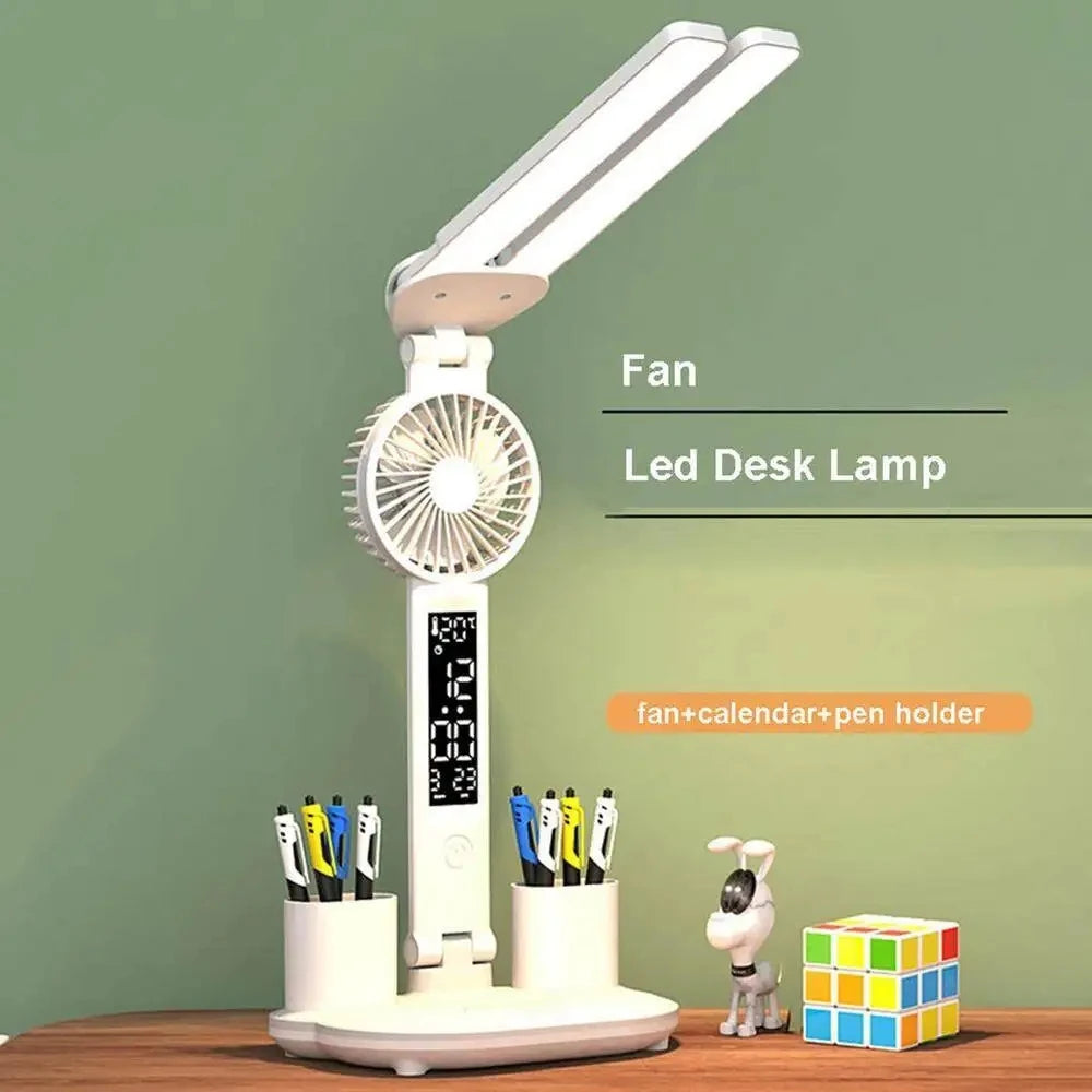 Rechargeable Table Lamp for Study, Desk Lamp Reading Light Led Table Light with Fan, Led Clock Dispaly Reading Lamp