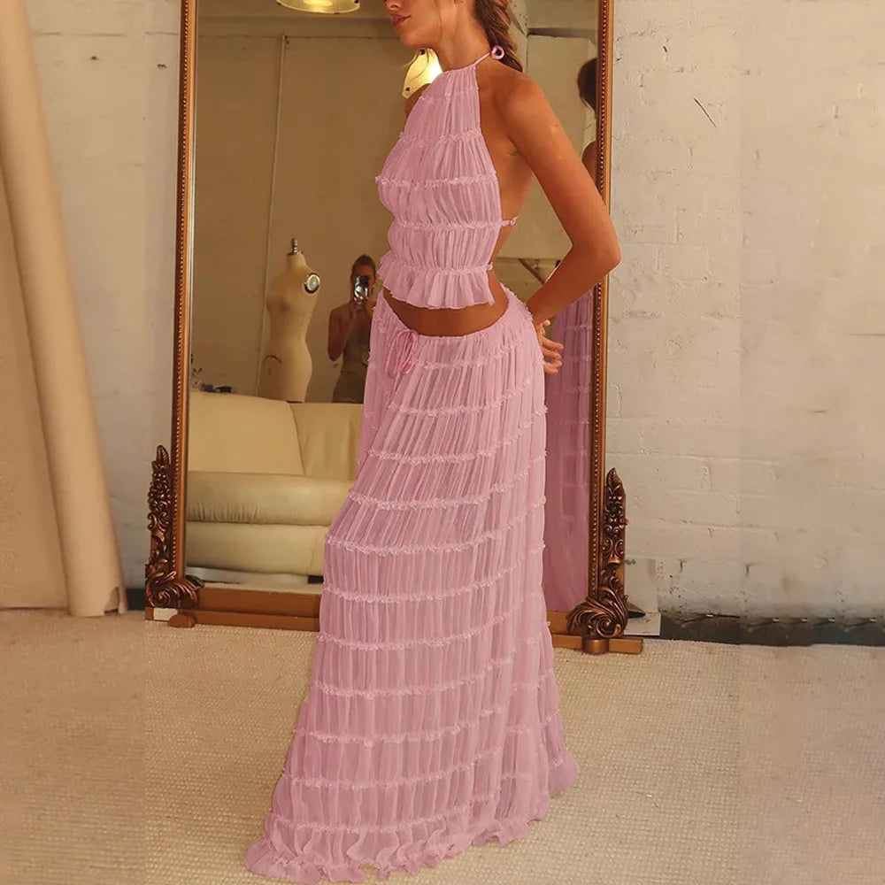 2024 Summer Party Elegant Women Beach Skirt Suit Sleeveless Backless Cropped Halter Lace Up Tops And Long Skirts Two Piece Sets