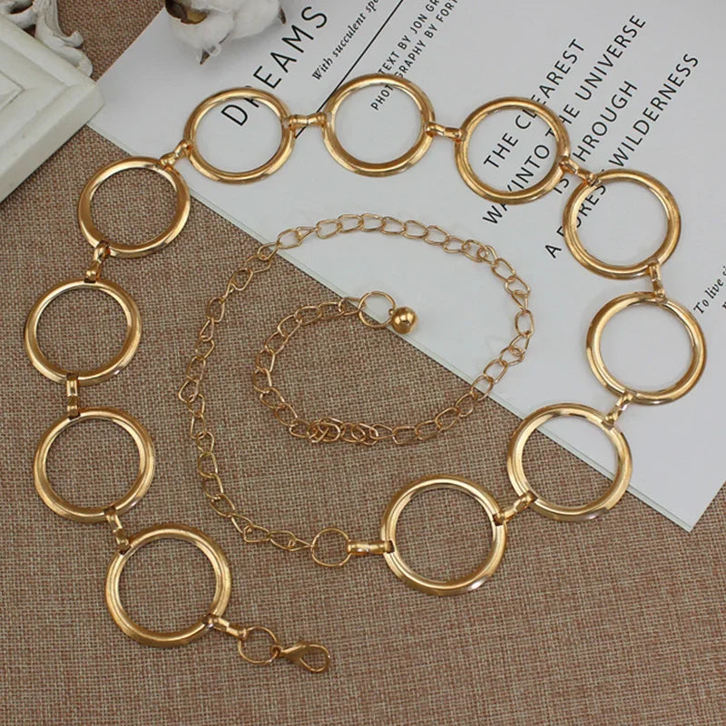 Simple Alloy Large Round Ring Waist Belt Fringes Ring Waist Chain Women Circle Metal Chain Belt Geometric Long Hollow Waistband