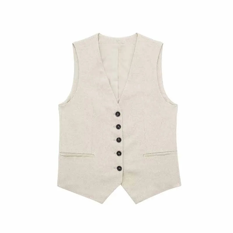 TRAFZA Women's Fashion Solid Linen Waistcoat Top V Neck Button Loose Casual Vest Summer Woman Streetwear Chic Vests Waistcoat
