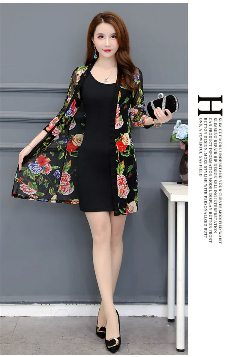 2024 Female Mid Length Large Size Sun Protection Cardigan Tops Coat Women Summer Gauze Lace Print Thin Sun Sunscreen Jacket 5XL