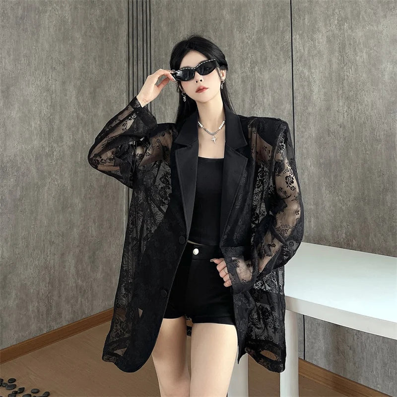 Women Clothing Summer Thin Jackets 2025 Ropa Mujer Patchwork Lace Temperament Coat Sexy Y2k Tops See Through Oversized Outwear