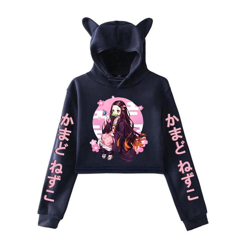 New Anime Kamado Nezuko Printing Cat Ear Hoodies Women Girls Fashion Streetwear Hoodies Sweatshirts Crop Top Pullover