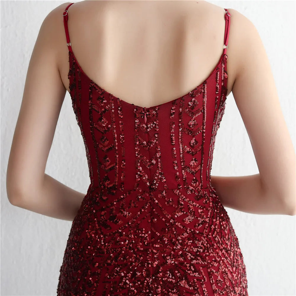 Women's Black Long Sleeve Padded Strap Sequin Dress Length, Sparkles Stretch, V Neck Mermaid, Formal Evening Dress, Night Party