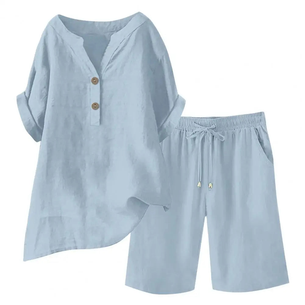 Women 2-piece Set Women's Cotton Linen 2 Piece Outfits Short Sleeve V-neck Top Wide Leg Shorts Set for Summer Lounge Wear Women