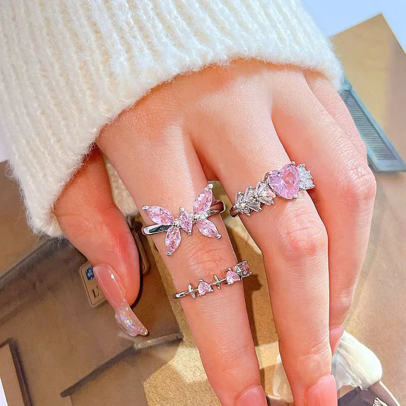 Adjustable Crystal Rings Y2K Pink Irregular Geometry Vintage Bowknot Heart Ring Set for Women Girl 2023 New Fashion Jewelry Gift