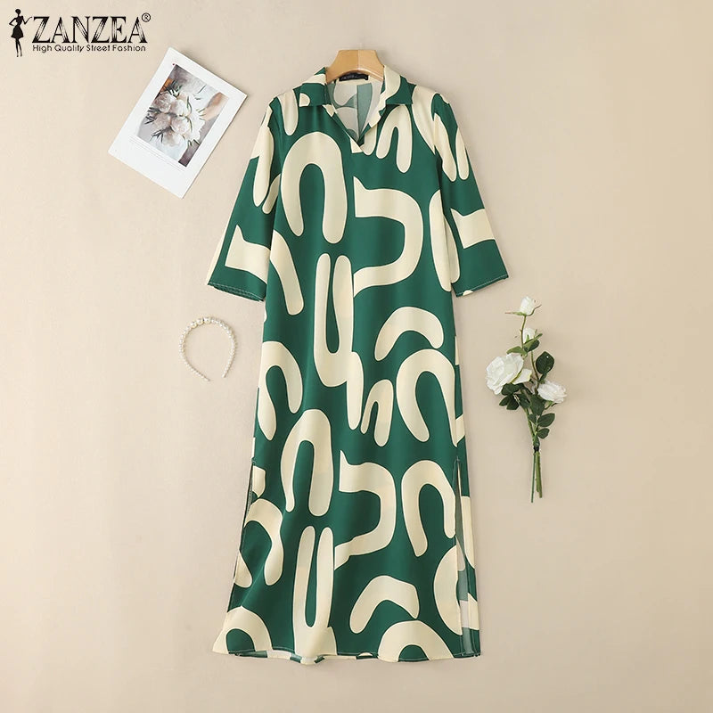 2025 ZANZEA Fashion Autumn Printed Dresses Women Maxi Long Dress Lapel Neck Long Sleeve Robe Casual Kaftan Vestidos Oversize
