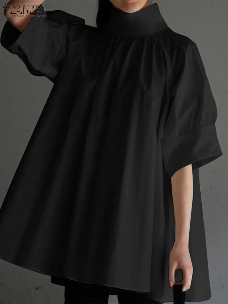 ZANZEA Elegant Women High Collar Half Sleeve Blouse Summer Casual Loose Shirt Fashion Work OL Tops Female Party Blusas Chemise