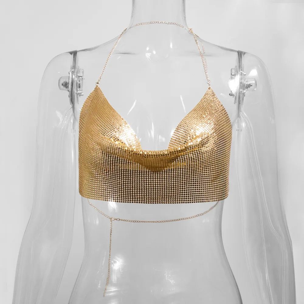 Glitter Metal Sequins Crop Tops For Women Sexy V Neck Backless Halter Tank Top Rave Party Nightclub Camisole Croppe