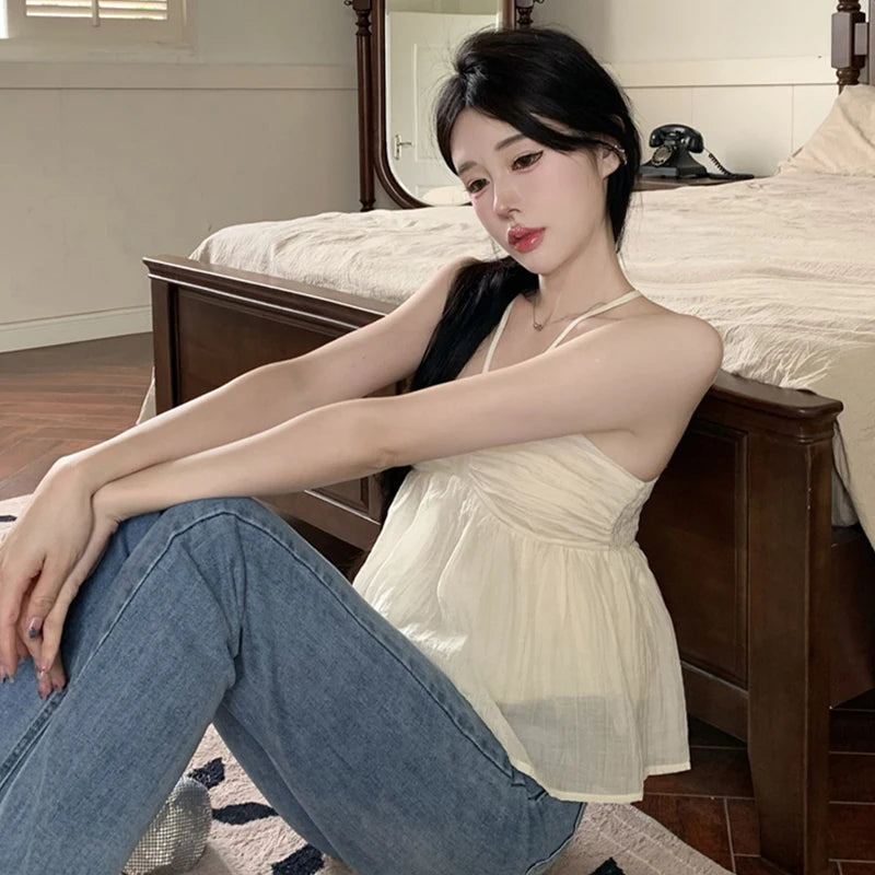 Women Crop Halter Camisole Solid Color Summer Spaghetti Strap Tank Tops Sleeveless T-Shirt for Streetwear Clubwear