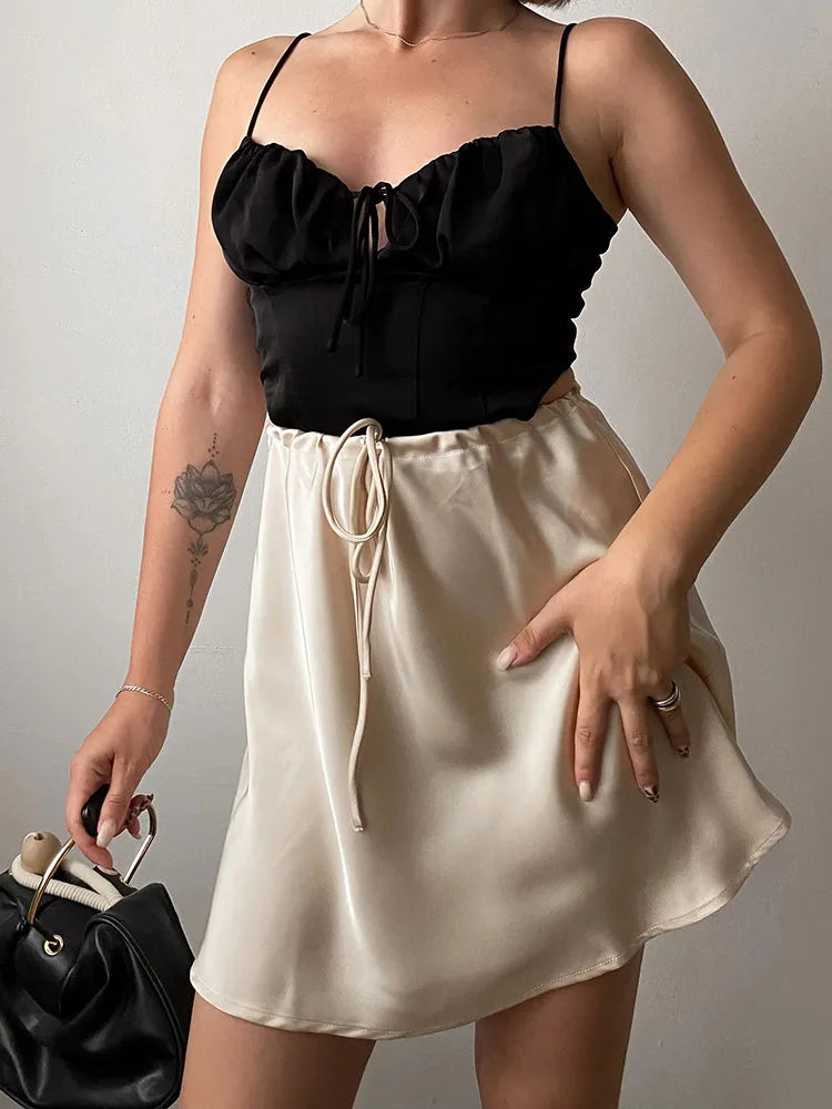 Satin Mini Skirts Women Summer Beige Silk Short Skirt For Woman Drawstring High Waist Black Satin Skirt A Line Women Short 2025