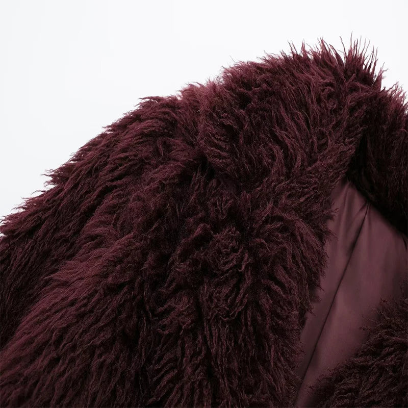 Koekop Women's Fashion Burgundy Asymmetric Thick Collar Fur Coat Vintage Casual Chic Temperament Lady Short Jacket