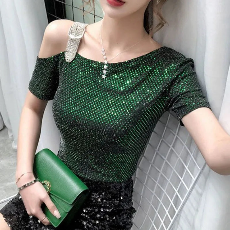 Sequin Off Shoulder Top Female Summer Outfit Clearance 2025 High Quality 90s Vintage Clothes Basic Women's Short Sleeve T-shirt