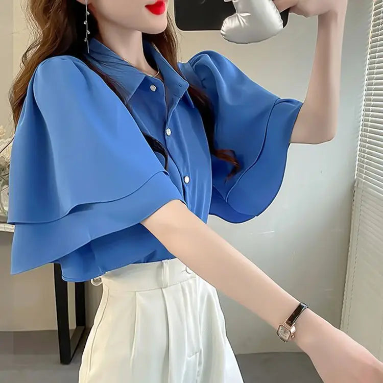 French Lady's Summer Loose Shirt Women's New Loose Blouse Solid Color Ruffle Short Sleeve Chiffon Top