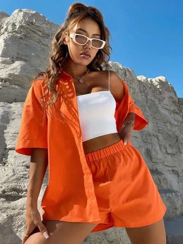 Long Sleeve Single breasted Top Broad legged Shorts Set Fashion Ladies Sexy Solid Suits 2024 Summer 2 Piece Outfits For Women