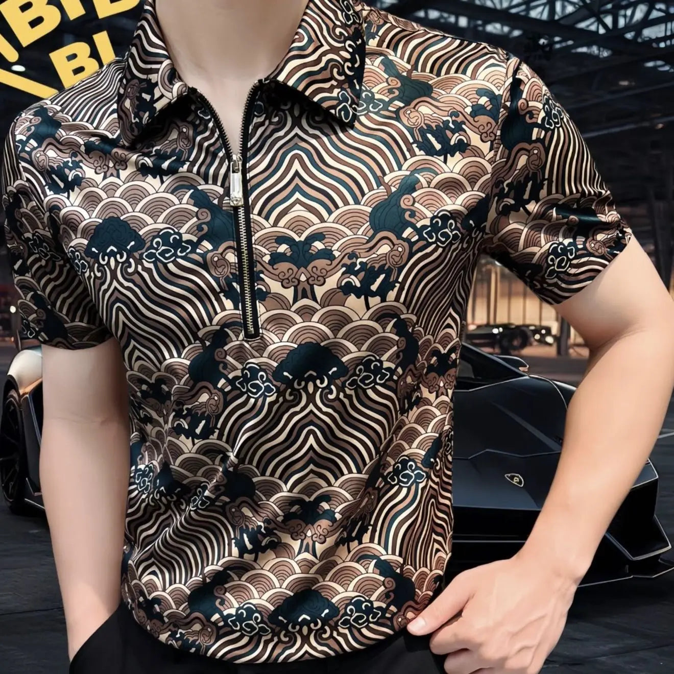 New Chinese Trend Leading Half-zip Men's Short-sleeved Shirt, Hong Kong Style Top