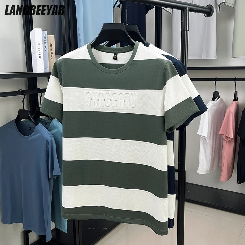 Top Grade Yarn Dyed Striped New Summer Tops Designer Round Neck Tshirt Men 2025 Brand Short Sleeve Casual Fashion Men Clothing