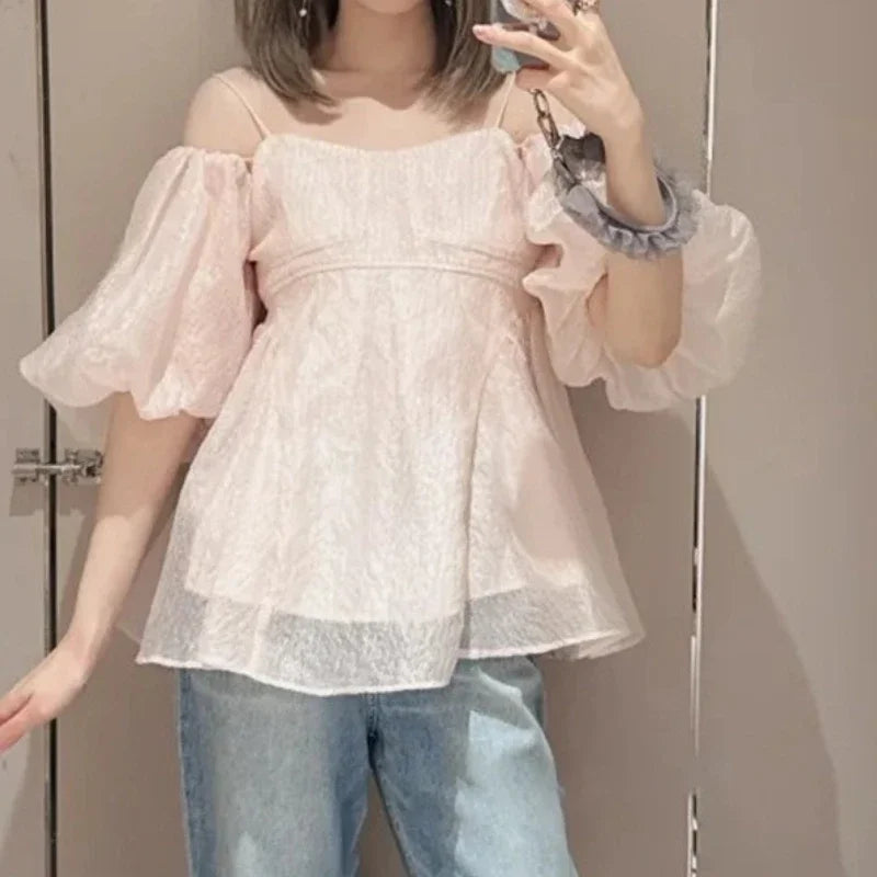 Japanese Print Blusas Mujer Sexy Off Shoulder Puff Sleeve Shirts & Blouses Woman 2025 Clothing Loose Camisas Summer New Ropa