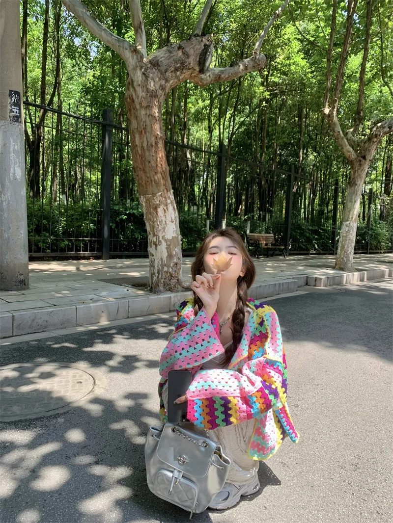 SALIENCY Colorful Crochet Knit Hollow Cardigan Sweater Jacket Women Spring Top Loose Short Knitwear
