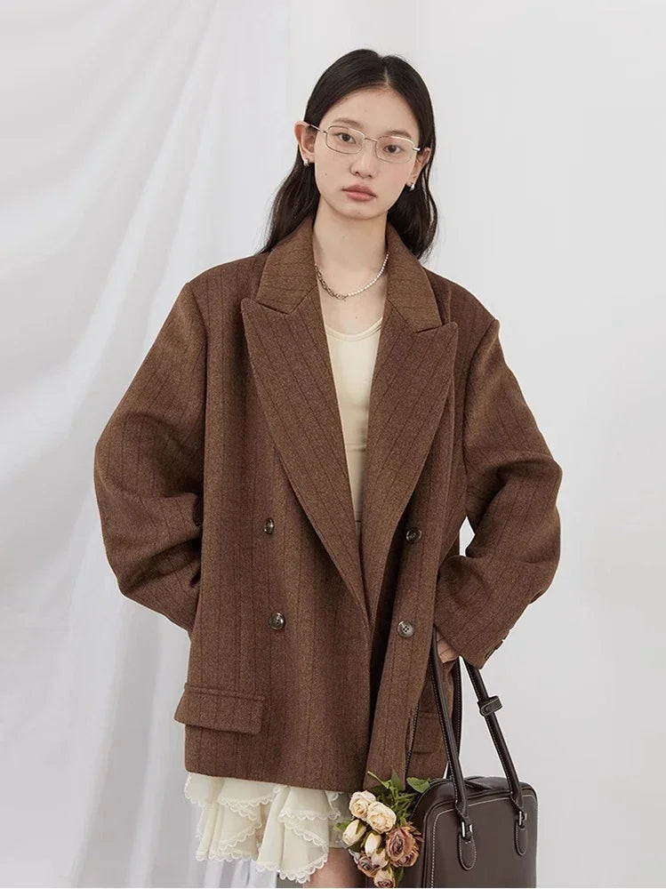 CHIC VEN Women Woolen Blazer Loose Vintage V Neck Female Jacket Suit Double Breasted Office Ladies Coat Spring Autumn 2025