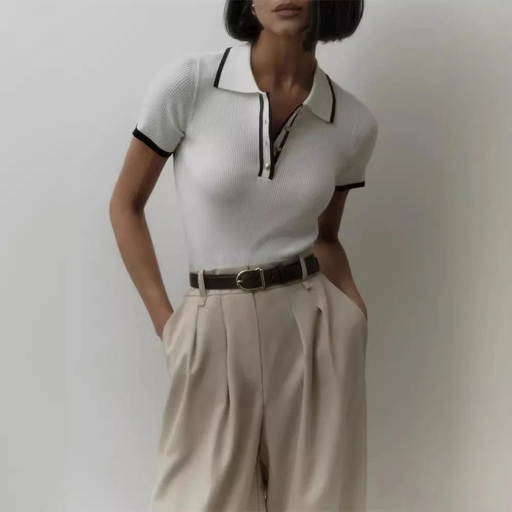 Knit Sweater Pullover Women Short Sleeve Patchwork Slim Lapel Elegant Contrast Knitwear Top Female Skinny Ribbed Pullover