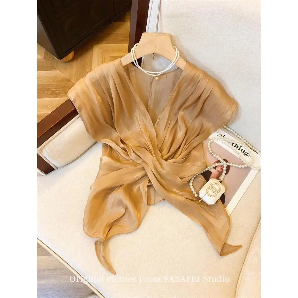 French Cross V-Neck Chiffon Blouse Women's Summer Premium Linen Sleeveless Irregular Tulle Top