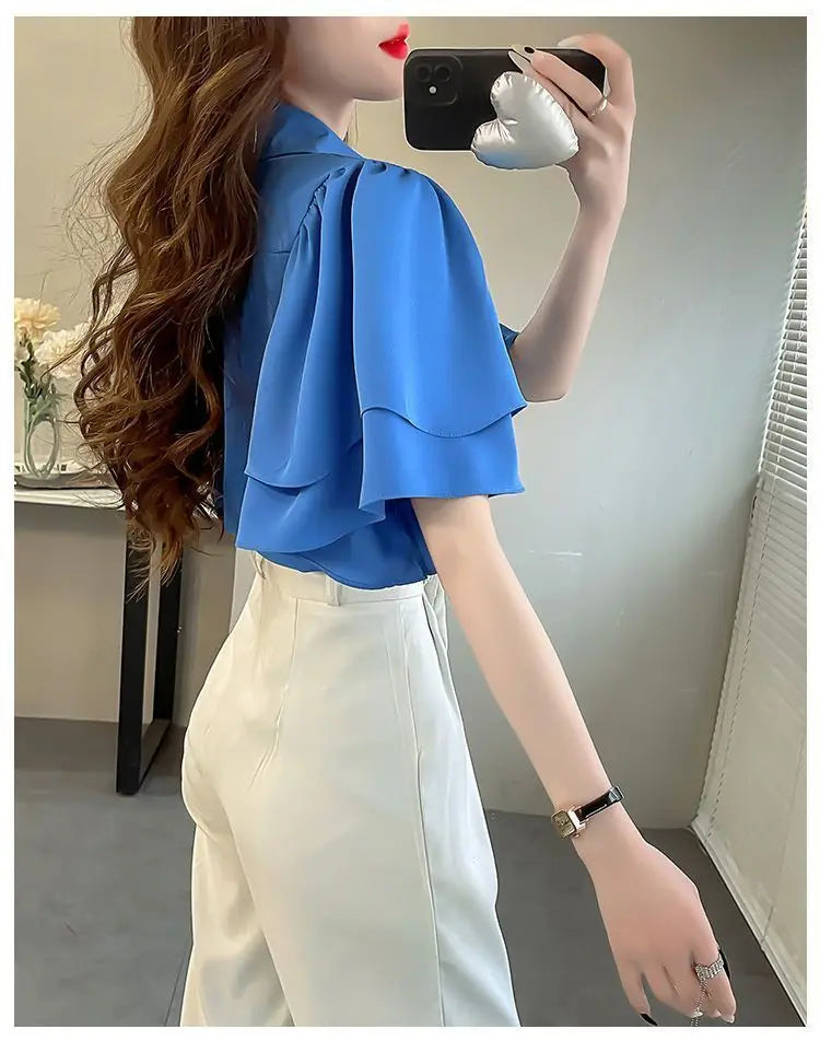 French Lady's Summer Loose Shirt Women's New Loose Blouse Solid Color Ruffle Short Sleeve Chiffon Top