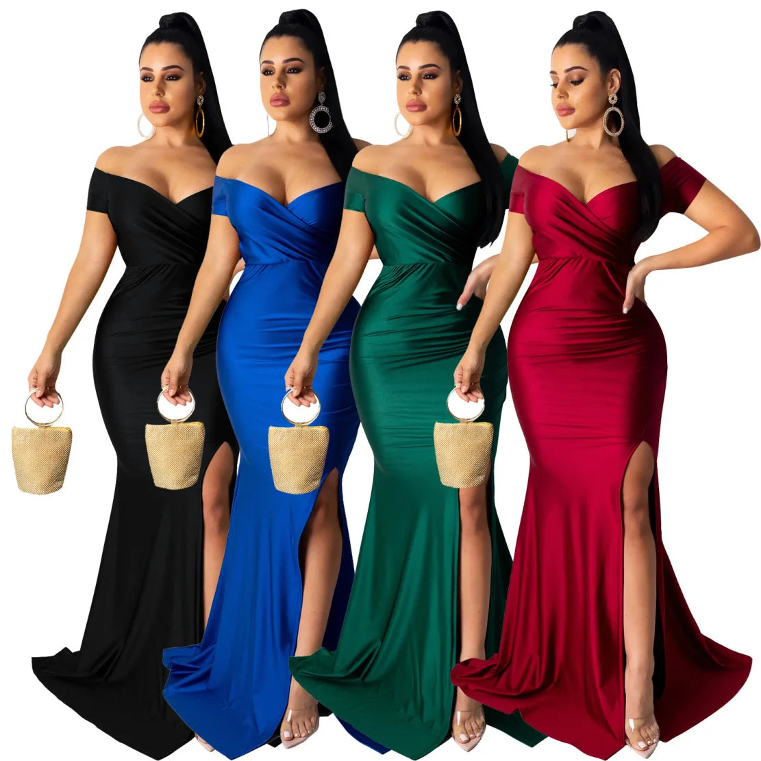 2024Sold Maxi Elegant Luxury Designer Party Dresses Women Off Shoulder Evening Dress Mermaid V-Neck Pleated Backless Long Dress