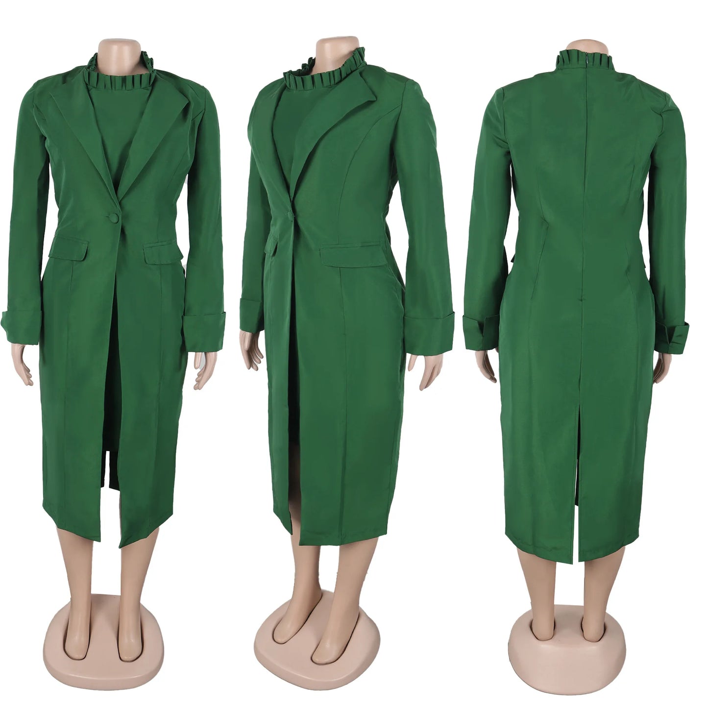 HLJ High Quality Elegant Office Lady Blazer Two Piece Sets Women Lapel Long Sleeve Coat And Slim Dress Outfit Female Clothing