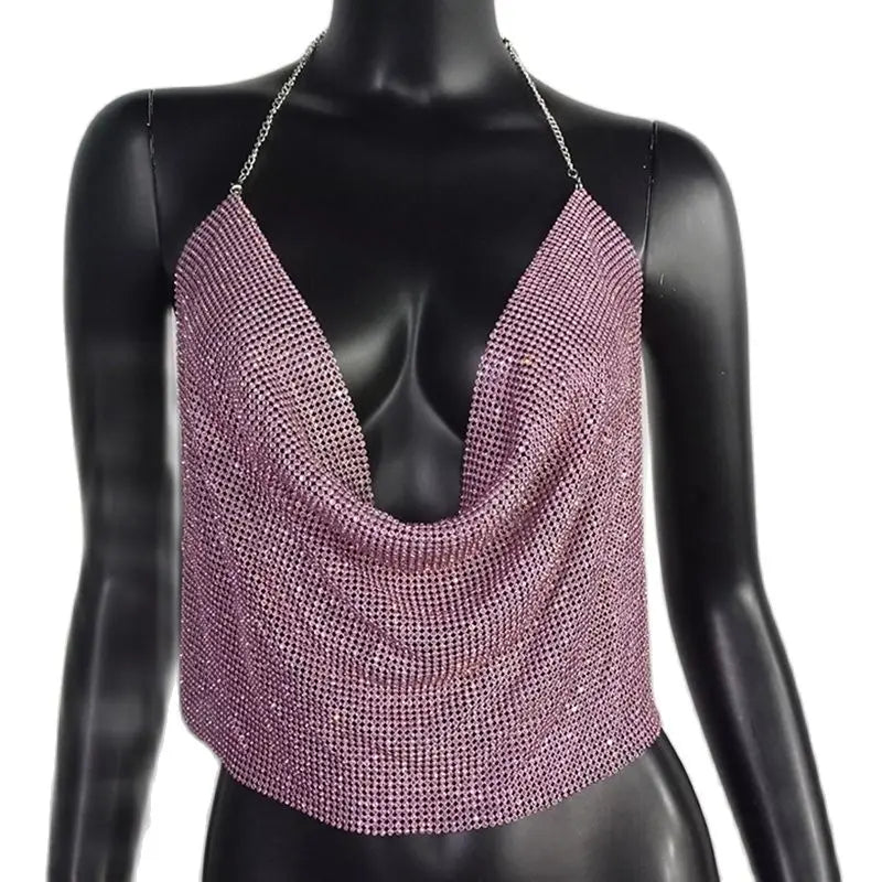Festival Brilliant Rhinestone Backless Party Crop Top Women 2022 Summer Glitter Evening V Neck Diamonds Metal Tank Tops