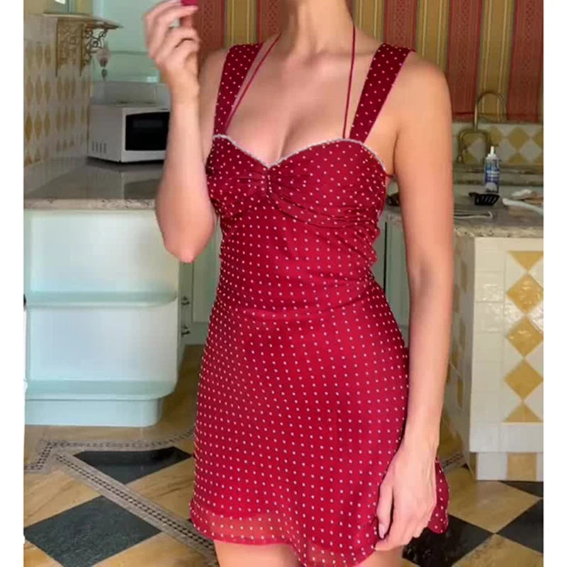 SUCHCUTE Elegant Polka Dot Print Backless Party Dresses Women Causal Sleeveless Beach Dress Vestidos Summer Sundress Sexy Robe