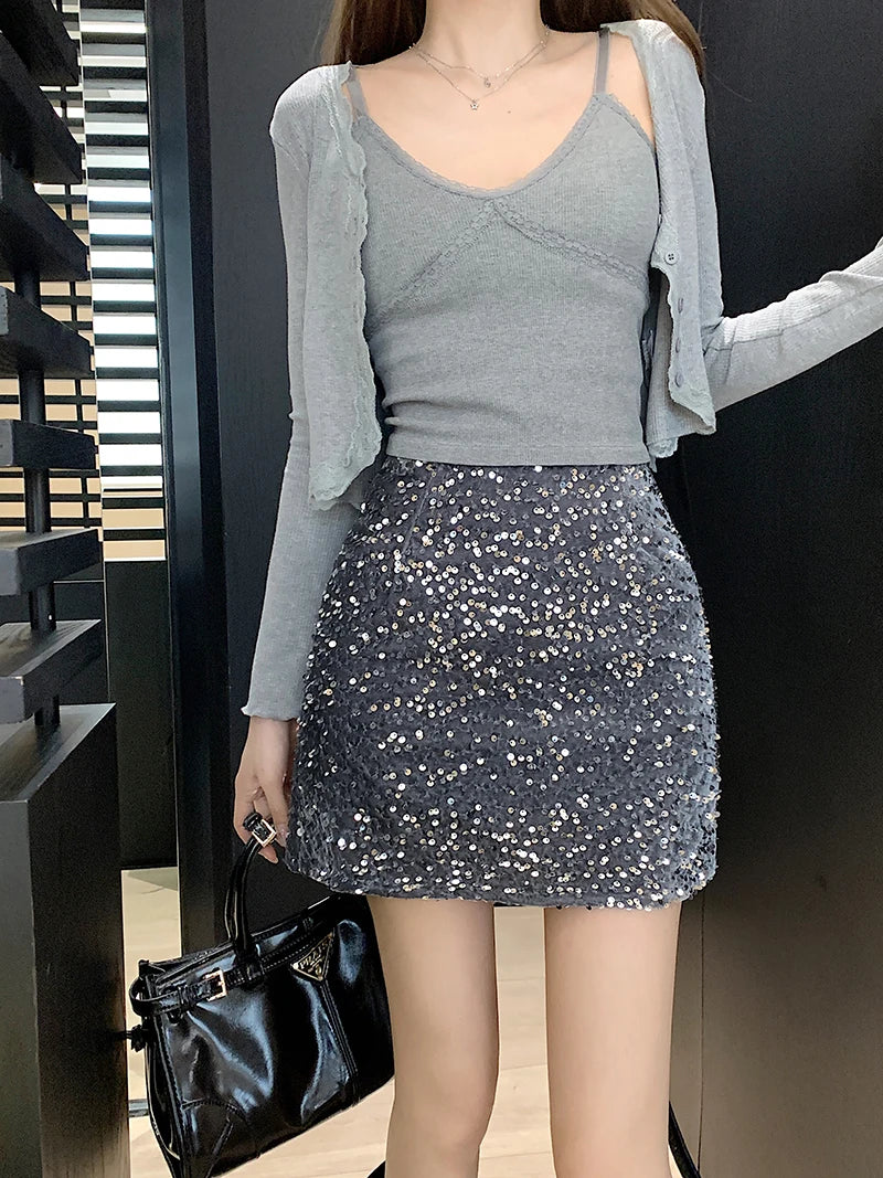 High Waist Sequined Casual A Line Skirts Women 2025 Elegant Korean Fashion Y2k Clothes Sweet Kawaii Black Micro Skirt Harajuku