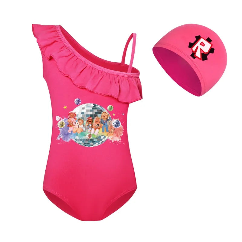ROBLOX Kids Tie-dye Print One-piece Swimsuit for Teen Girls Pink Swimwears Bathing Suits 2-10 Years Decorative Daily Necessities