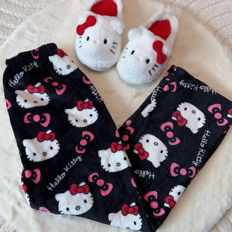 2024 New Sanrio Hello Kitty Kuromi Flannel Pajamas Warm Pants Female Winter Fleece Casual Homewear Pants Leisure Wear Girl Gift