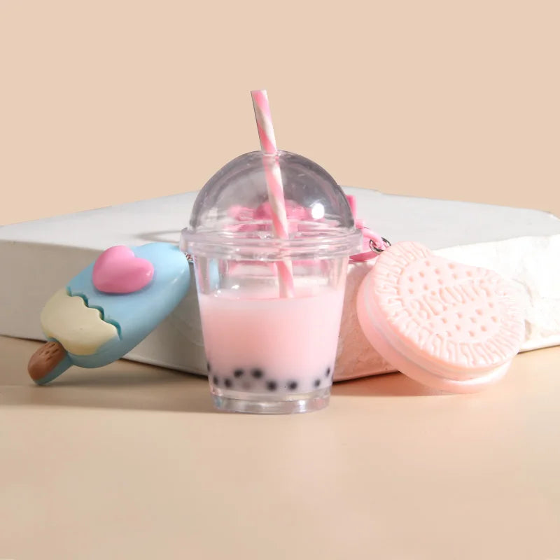Cute Keychains Ice-cream Bubble Tea Biscuit Pink Key Rings Friendship For Best Friend Women Girl Handbag Gift Jewelry