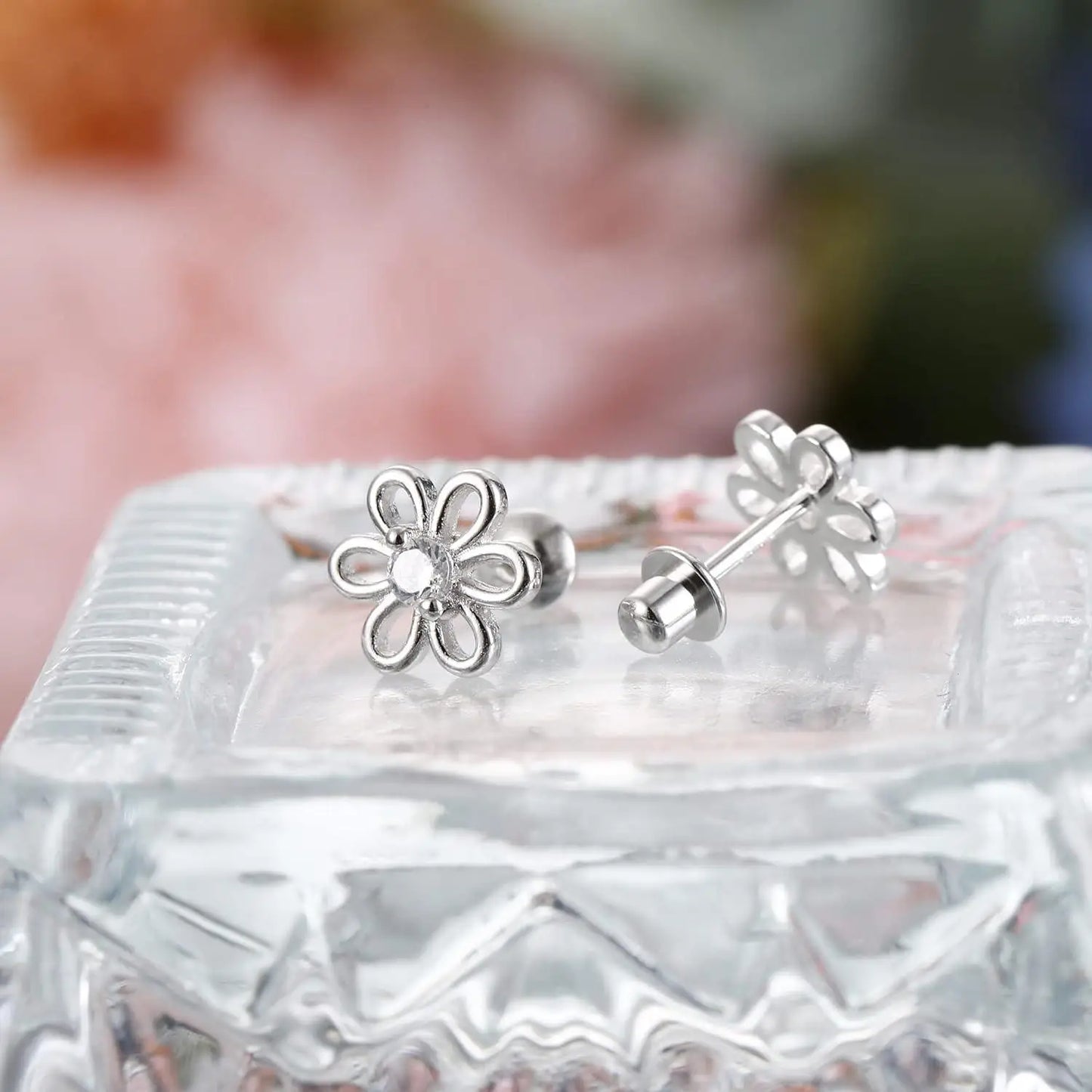 Fansilver 2pcs 925 silver Screw Back Earrings for Women Heart Flower CZ Earring Studs Tragus Cartilage Piercing Jewelry