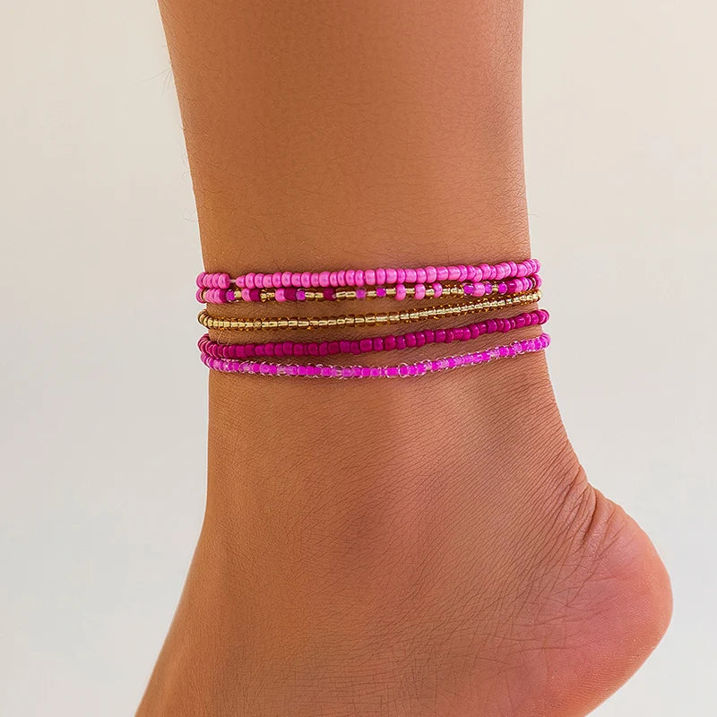 Boho Anklet Foot Colorful Beads Chain Summer Bracelet Heart Pendant Charm Anklet Sandals Barefoot Beach Foot Bridal Jewelry J027