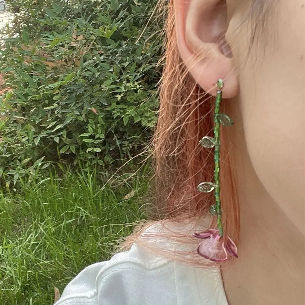 Handmade Resin Flower Necklace Sweet Korean Style Minority Design Asymmetric Earrings Alloy Tassel Beaded Dangle Earring Women