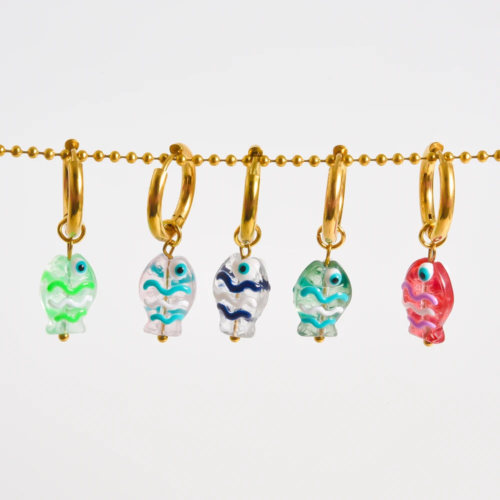Stainless Steel Colorful Glazed Enamel Fish Hoop Earrings For Women Men Girl Cute Dopamine Fashion Ear Buckle Sea Animal Jewelry