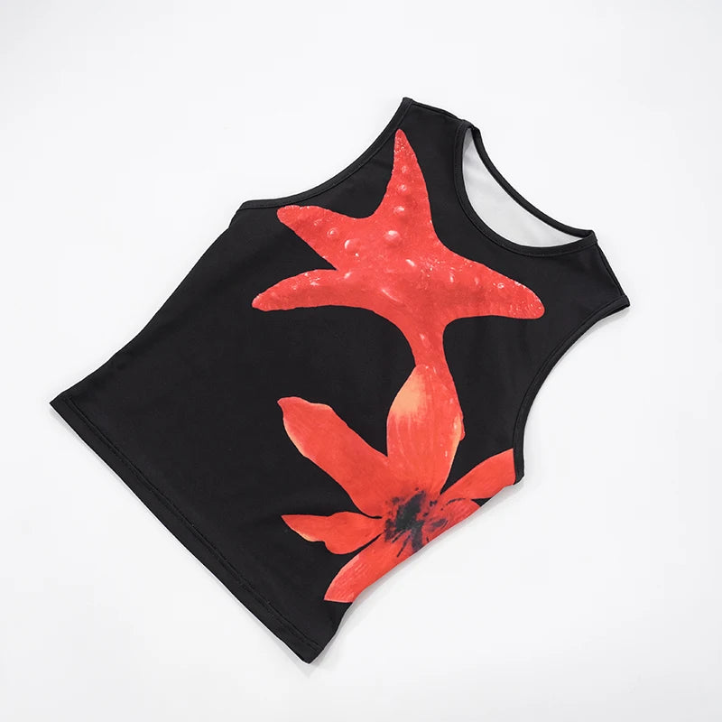CUTENOVA Women'S Casual Street Starfish Flower Print Shorts Set Round Neck Sleeveless Crop Top + Low Waist Shorts Two-Piece Sets