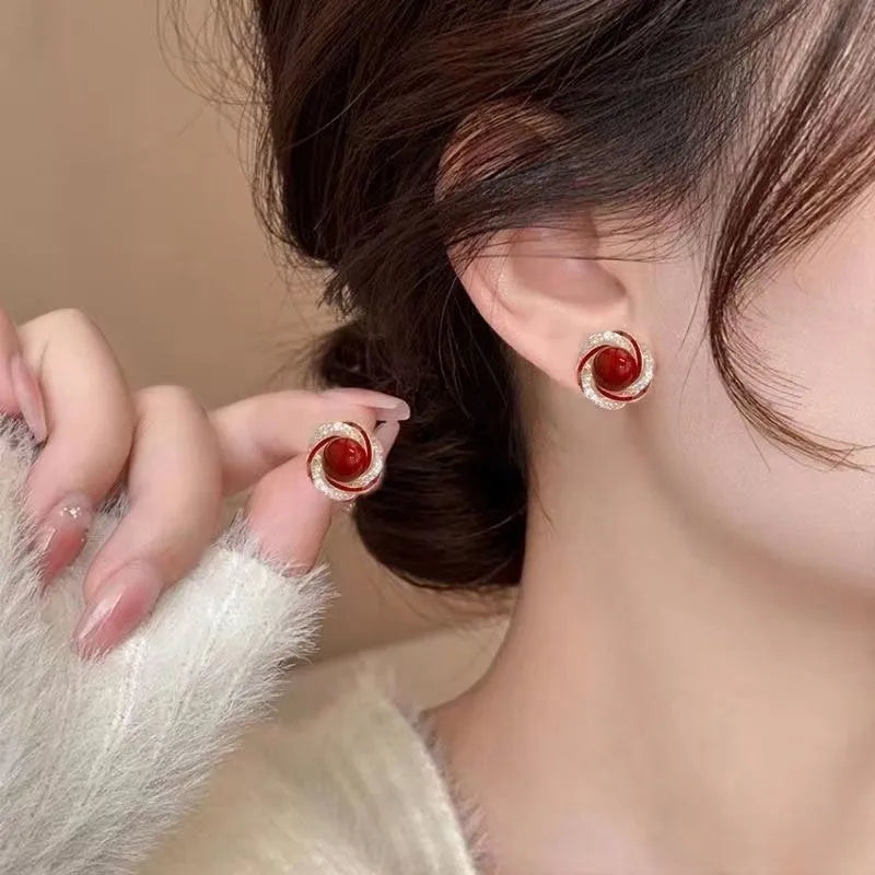 925 Silver Needle Korean Fashion Crystal Pearl Earrings For Women Jewelry 2025 Trending French Red Green White Flower Earrings