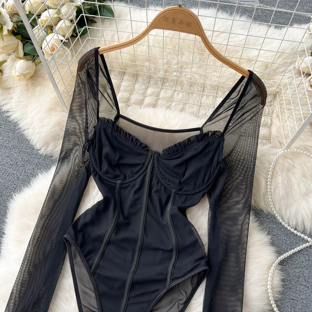 Women Sexy Mesh V Neck Slim Bodysuit Chic Long Sleeve Fashion Elastic Bodycone Jumpsuits Spring Autumn Hotsweet Gothic Playsuits