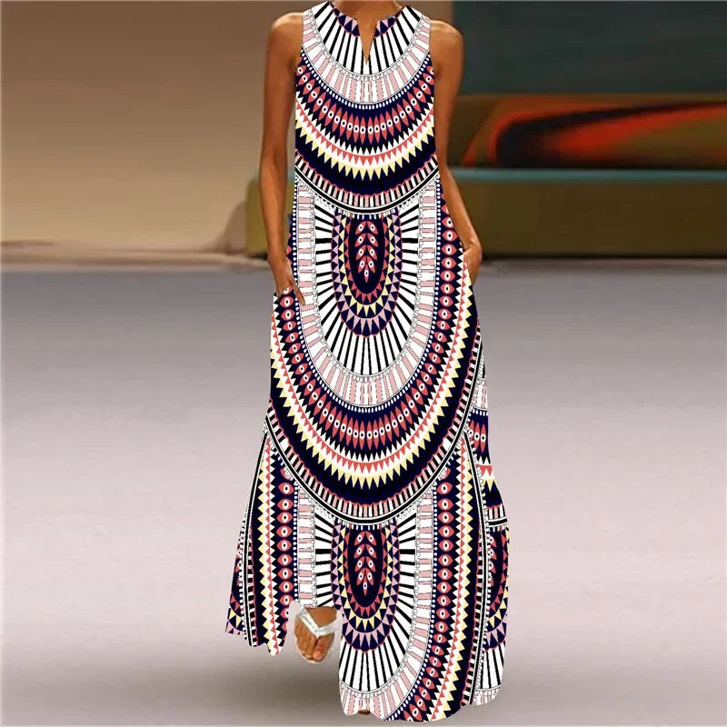 Spring Summer Long Dress Womens Long Casual Party Dresses Women Clothing Casual A-Line Printing V-Neck Pockets Maxi Dress Autumn